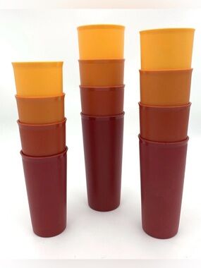 Vintage Tupperware Autumn Harvest Gold Orange Red Cups Complete Set of 12